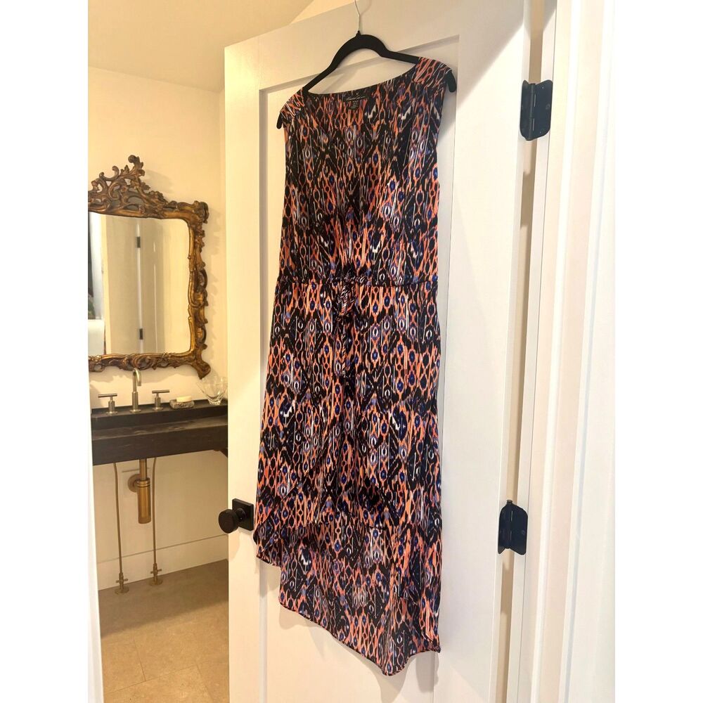 Kenneth Cole Geometric Ikat Print Midi Dress Elastic Drawstring Waist Medium M - Picture 4 of 7